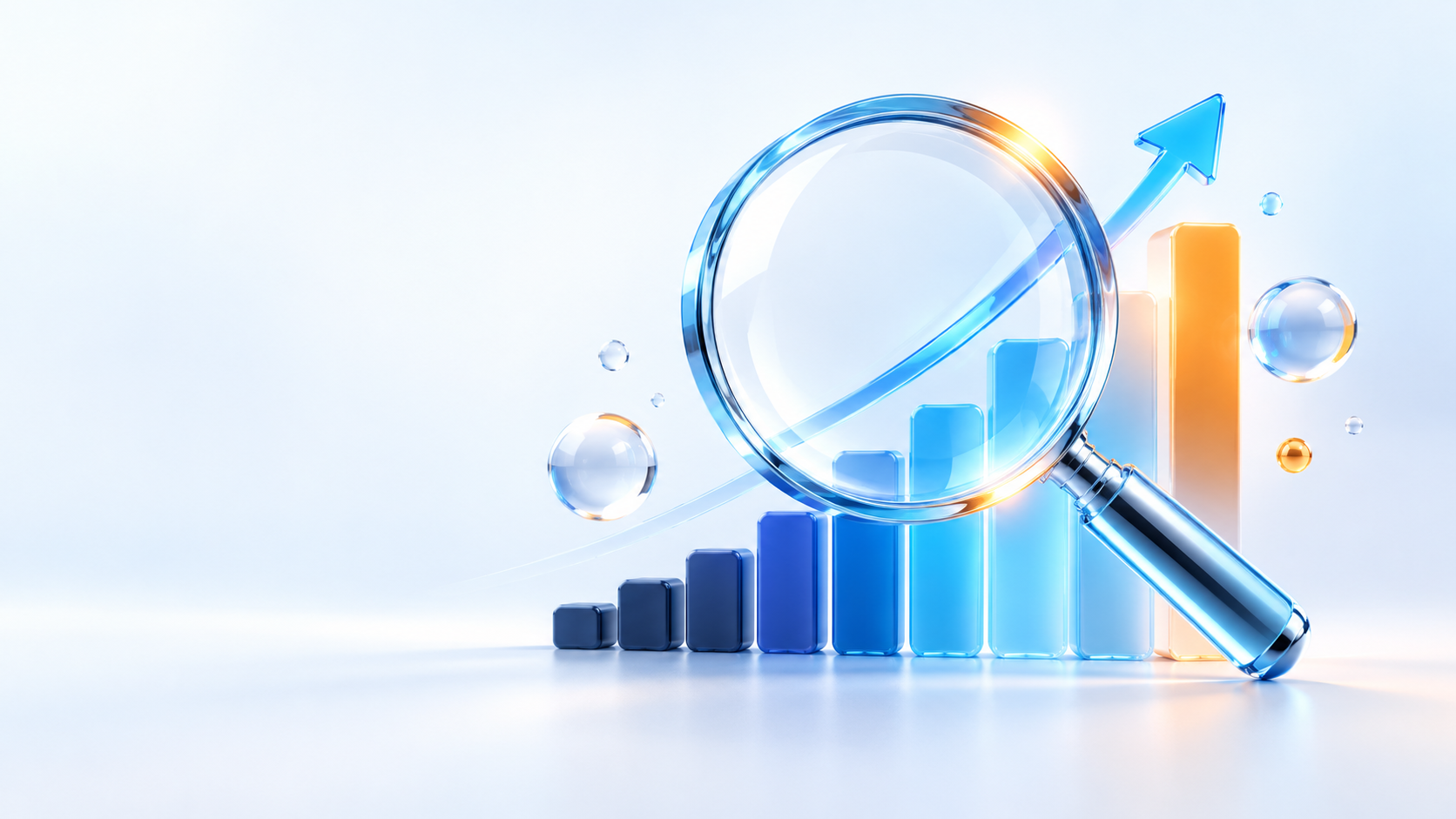 Kính lúp trên biểu đồ tăng trưởng, minh họa phân tích SEO website
